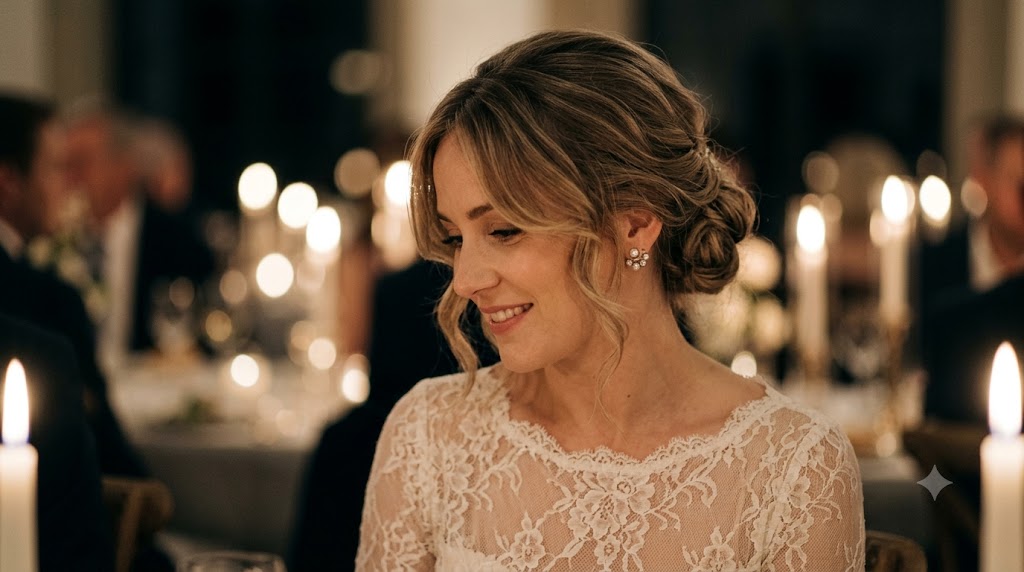 Low Chignon Updo with Romantic Curtain Tendrils